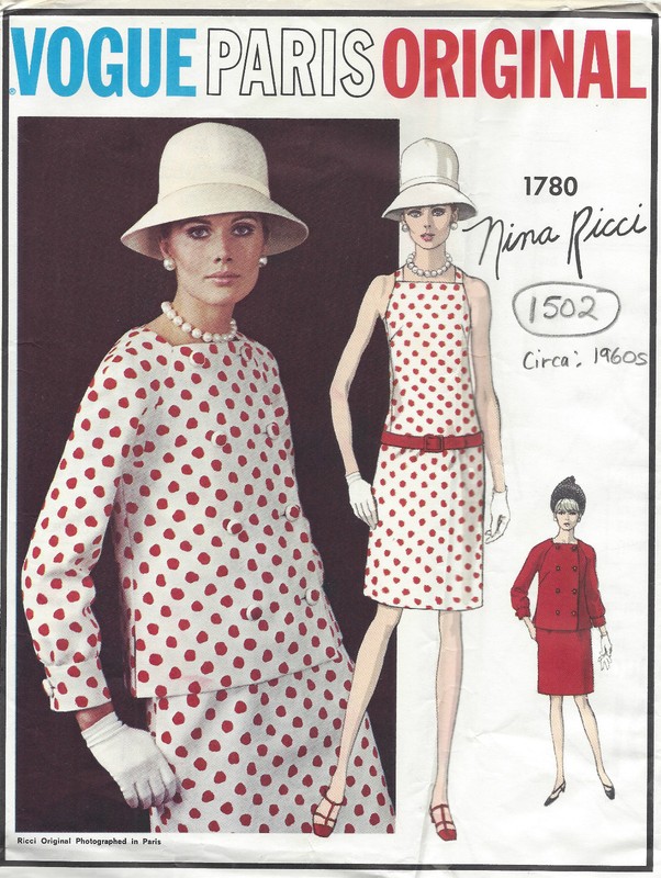 1960s Vintage Vogue Couture Motif B34 Robe & Veste Costume (1502r) Nina Ricci