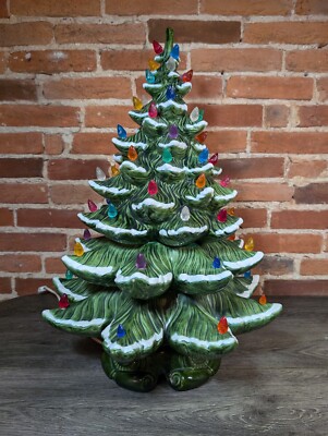 Vtg 1970s Atlantic Mold Ceramic Flocked Christmas Tree w/Base Large Green 22'' XL