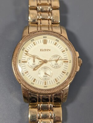 Elgin Mens Chrono Multi Function Dial Watch Gold Tone 39mm New Battery