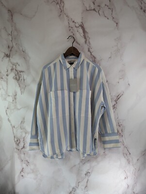 Everlane Shirt Womens Medium White Blue Striped Button The Boxy Oxford 2 Pocket 