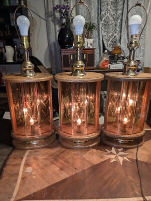 Lot Of 3 1980's Don Ward Oak/Brass/Etched Amber Glass 3-Way, 4-Light Lamps