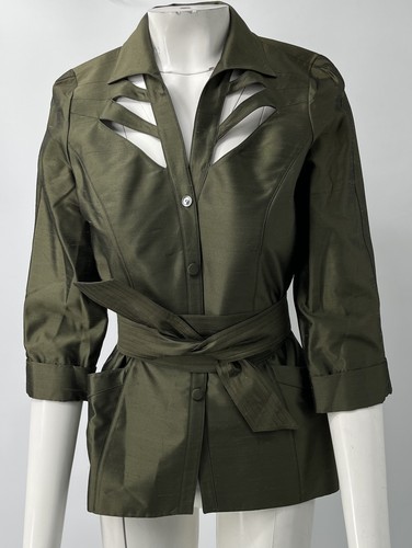 80s Thierry Mugler activ グレー ジップジャケット Thierry Mugler Vintage Raw-Silk Green Button-Up Belted Cut