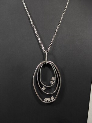 Silver Tone Hammered Style Oval Rhinestone Pendant Long Chain Necklace 34 inch