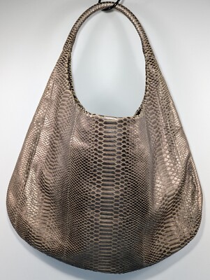 Devi Kroell Huge Metallic Taupe Bronze Python Snakeskin Hobo Shoulder Tote Bag