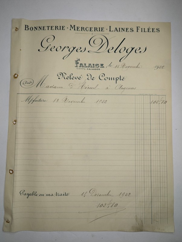 Facture Bonneterie Mercerie Chaussures Deloges Falaise 1922