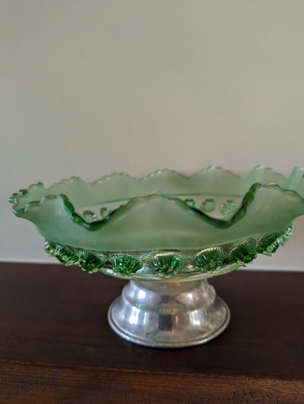Davidson Art Deco Vintage Green Glass Bowl On A Metal Stand Blackberry Prunt