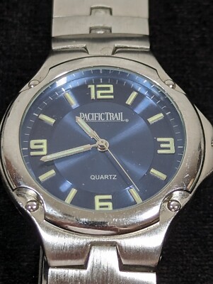Pacific Trail Mens Blue Dial Round Silver Tone Case Stainless St link Band Watch