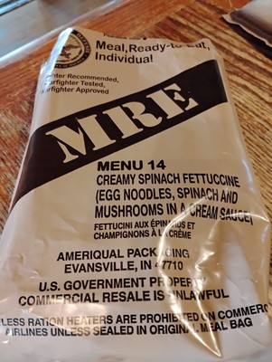 MRE DOD. menu 14 Spinach Fettuccine And Menu 19 Beef Patty with Jalapeno Pepper