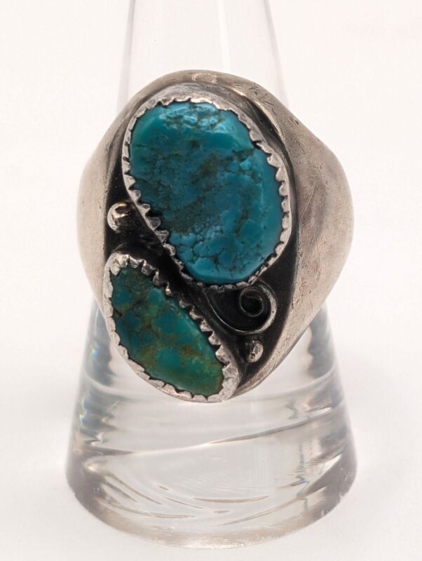 Vtg Native American Sterling Silver 2 Turquoise Stones Ring~Signed SD~Sz 9~Heavy