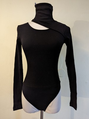 New Monrow sz XS One Piece Ribbed Bodysuit Turtleneck ribbed black knit MR1