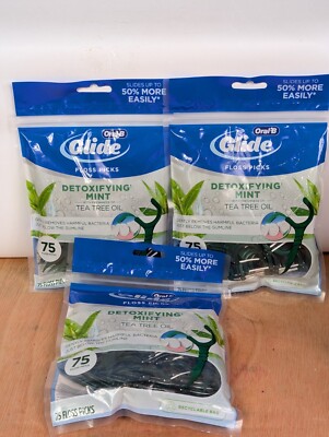 Lot Of 3 Oral-B Glide Dental Floss Picks Detoxifying Mint Tea Tree Oil 75ct Each