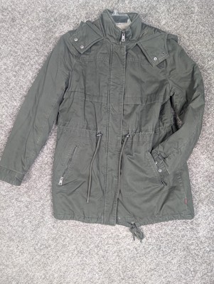 Levis Sherpa Lined Parka Jacket Womens Sz L Green Full Zip Coat Quilted Hood