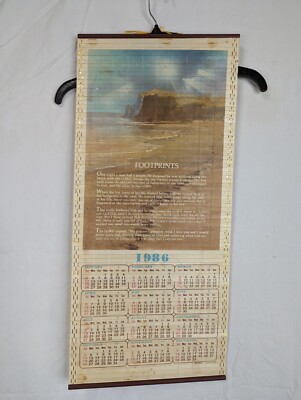 Vintage Bamboo Roll Up Hanging Year Calendar Footprints 1986