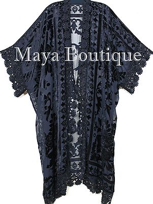 Pre-owned Maya Matazaro Lace & Burnout Velvet Kimono Caftan Jacket Duster Black  Plus