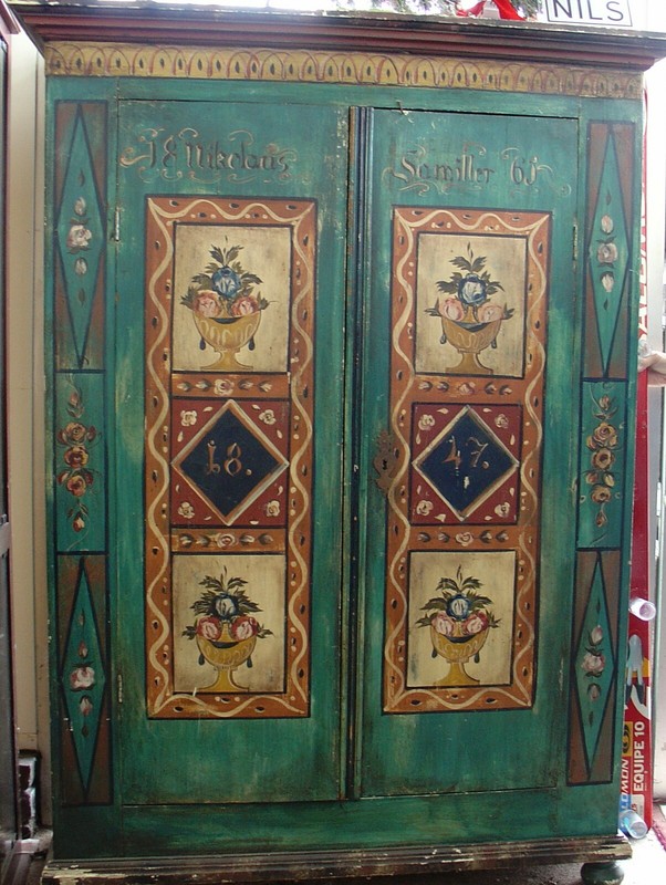 Antique European Folk Art Hand Painted Armoire