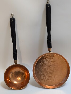 Two Piece  Solid Hammered Copper Pot Ladle & Shallow Pan With Wooden Handles 