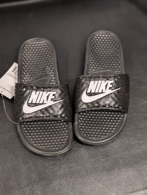 New Womens Sz 7 Nike Benassi JDI Slip On Slides Sandals Black White 343881 011