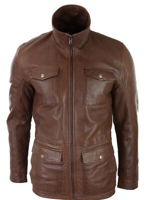 Pre-owned Truclothing Mens Tan Brown 3/4 Jacket Real Leather Safari Hunting Country Coat Classic