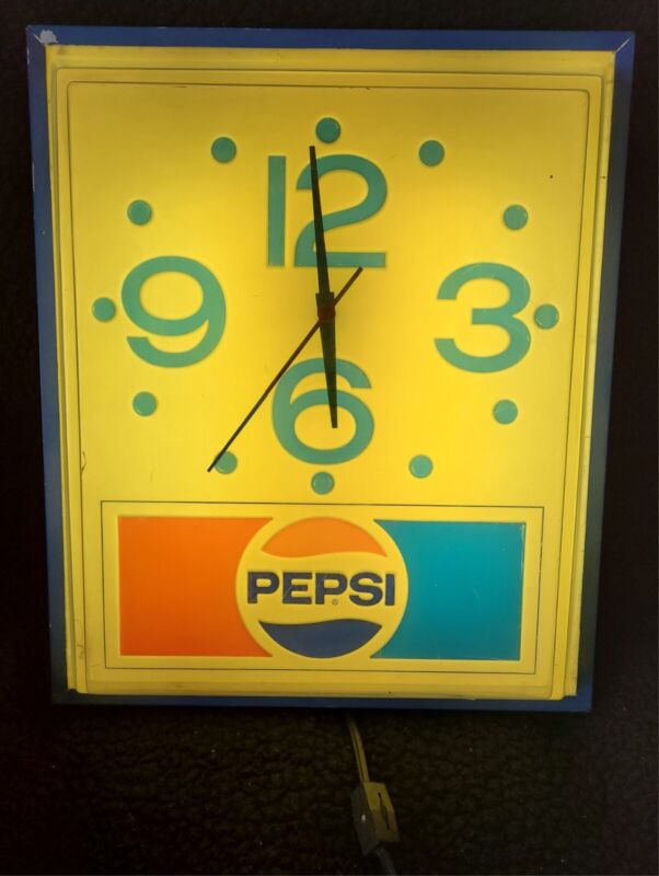 Vintage 1960s Lighted Pepsi Cola Hanging Wall Clock W/ Blue Dots & Metal Frame 