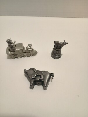 Pewter Pigs Thimble, Pig On A Train, Trinket Box Ear Ring Broach Necklace
