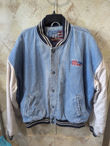Vintage No Fear Varsity Bomber Jacket Denim Men XL Snap 90s