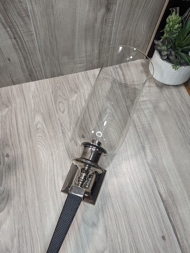 Bombay LARGE Glass Candle Hurricane Wall Sconce Black Leather/Chrome Silver