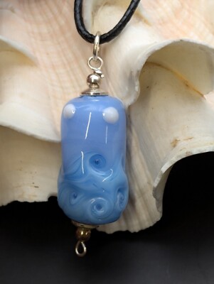  necklace Blue Ocean Wave moon pendant sterling glass #23