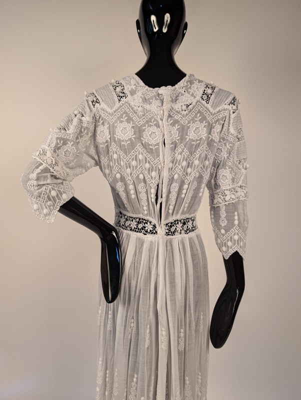 EDWARDIAN WHITE TEA DRESS W DENSE GEOMETRIC + FLORAL EMBROIDERY