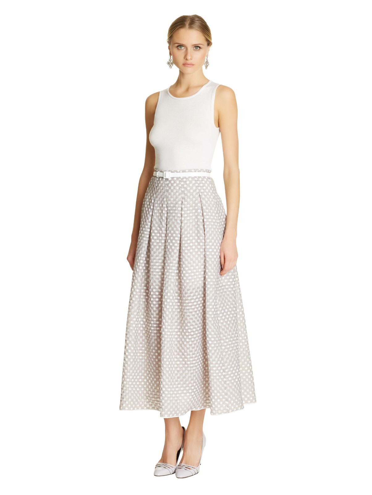 Pre-owned Oscar De La Renta $1990  Polka Dot Pleated Full Skirt Midi Dove Taupe White 4