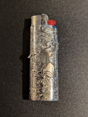 Metal Lighter Case Holder Vintage Horse w/Floral Stamped for BIC Full Size NOS