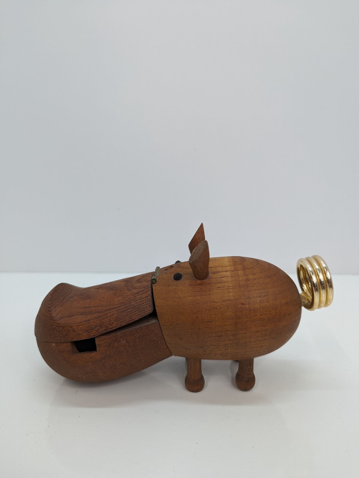 Vintage Zoo Line Teak Carved Hinged Wood Hippo Desk Accessory Organizer Japan