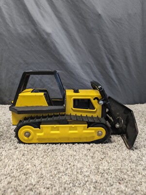 Vtg Tonka Toy 12'' Metal Bulldozer Tractor Front End Loader Rubber Tracks Yellow