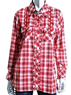 NWT New Sabby Anand Red Plaid Button Shirt w/ RuffleTop Medium M MSRP $59