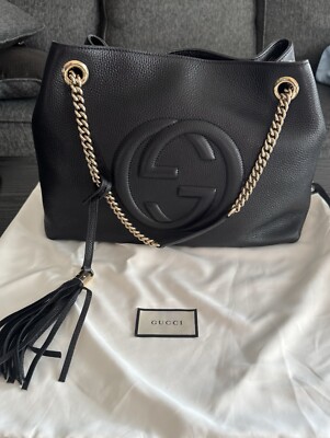 GUCCI SOHO Interlocking G Leather Pebbled Calfskin Chain Shoulder Bag Black