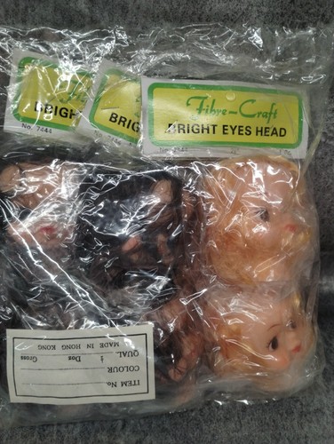 Vintage NOS Sealed Lot 6 Doll Heads Face Rubber Plastic Craft Bright Eyes 2 1/2