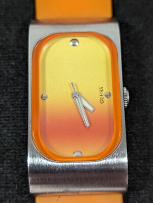 Guess Orange Yellow Dial Silver Tone Rectangle Case Silicone Band Watch 8 Inch