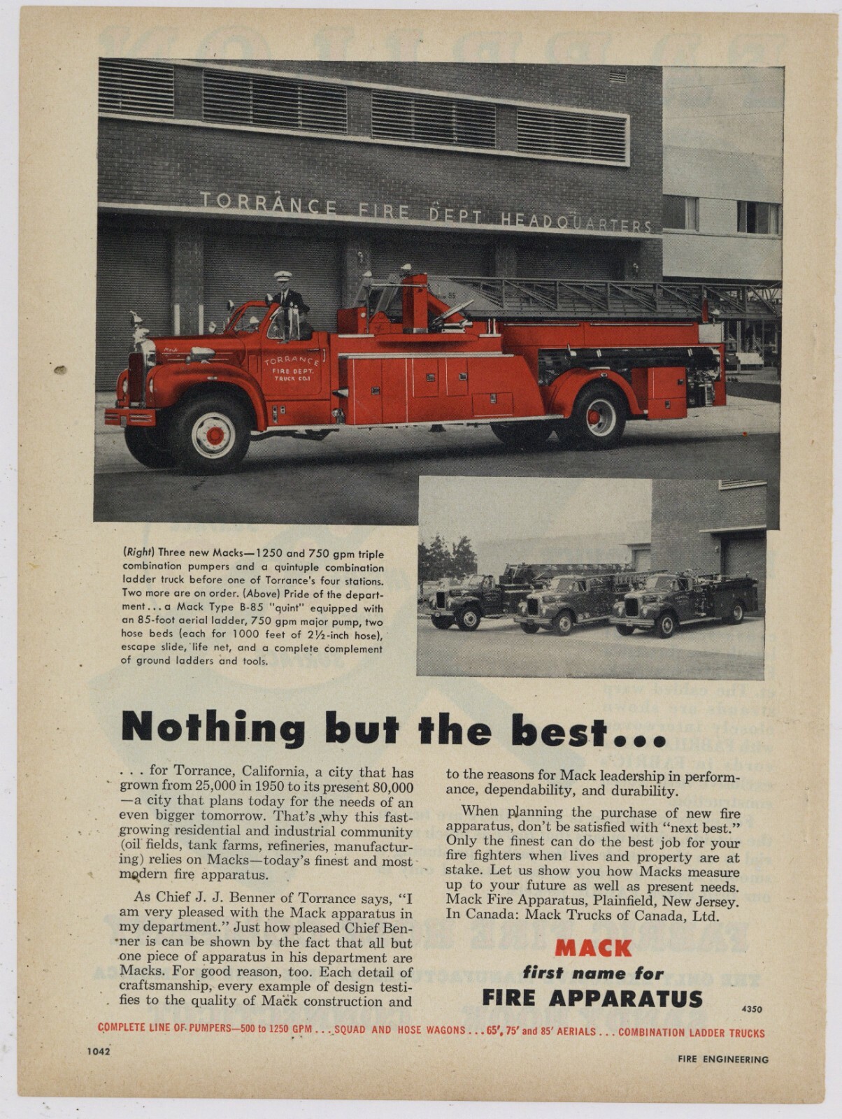 1956 Mack Truck Fire Apparatus Ad: Torrance, California Fire