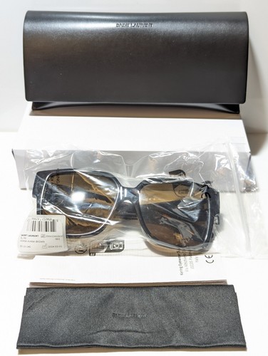 Pre-owned Saint Laurent Unisex Shiny Havana Ysl Logo Gold/brown Lens Sunglass Slm9 003