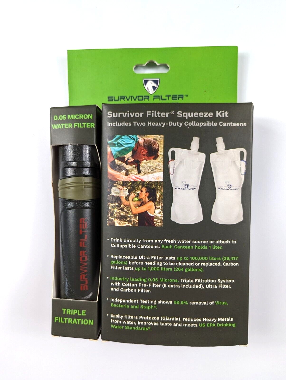 Survivor Filter Squeeze Water Kit, 0.05 Micron with 2 Collapsible Folding Bottle