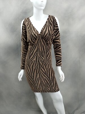 NEW Venus Animal Print Metallic Black Cold Shoulder Bodycon Dress Women's Size M
