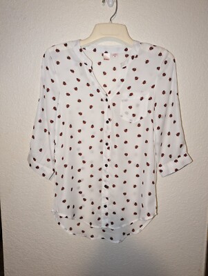 Bongo Button Up Sheer Cream Blouse Red  Lady Bugs Junior Size M V Neck