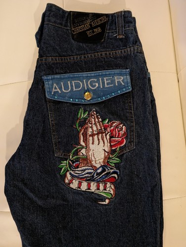 Christian Audigier スタッズ ウォッシュ 刺繍 レザー デニム Christian Audigier スタッズ ウォッシュ 刺繍 レザー デニム