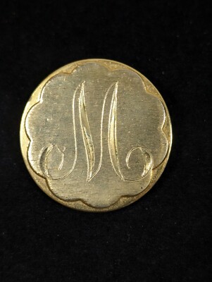 Vintage Gold Tone Brushed Filigree Initial Letter M Monogram Round Pin Brooch