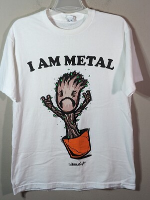 I Am Metal Baby Groot Head Banging Thrash White T-shirt Size Large Mosh It Up 