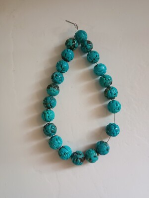 OLD STOCK - CARVED CLOUD MOUNTAIN TURQUOISE LONGEVITY SHOU BEADS - 8''- 3002E