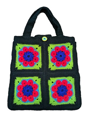 Vintage Crochet Granny Square Red Purple Flowers Shoulder Bag Handmade Craft