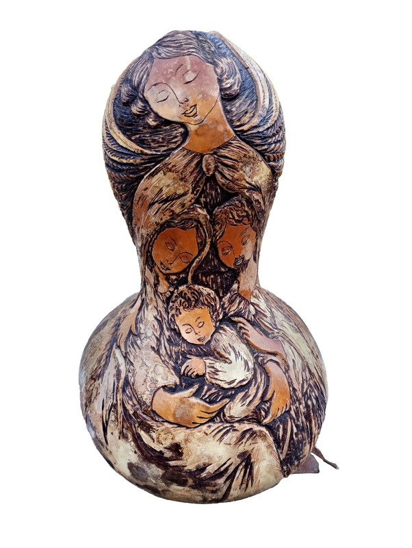 Impressionnante Calebasse GravÃ©E SculptÃ© NativitÃ© Artisanat Sur Courge SignÃ©E 