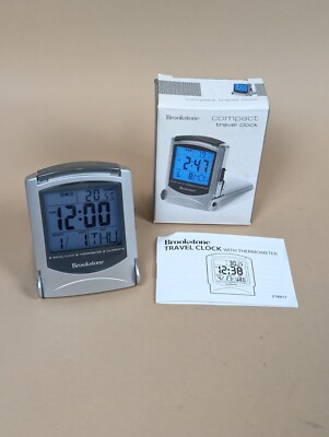 Brookstone Compact Digital Clock Thermometer Calendar Alarm Travel Size Folding