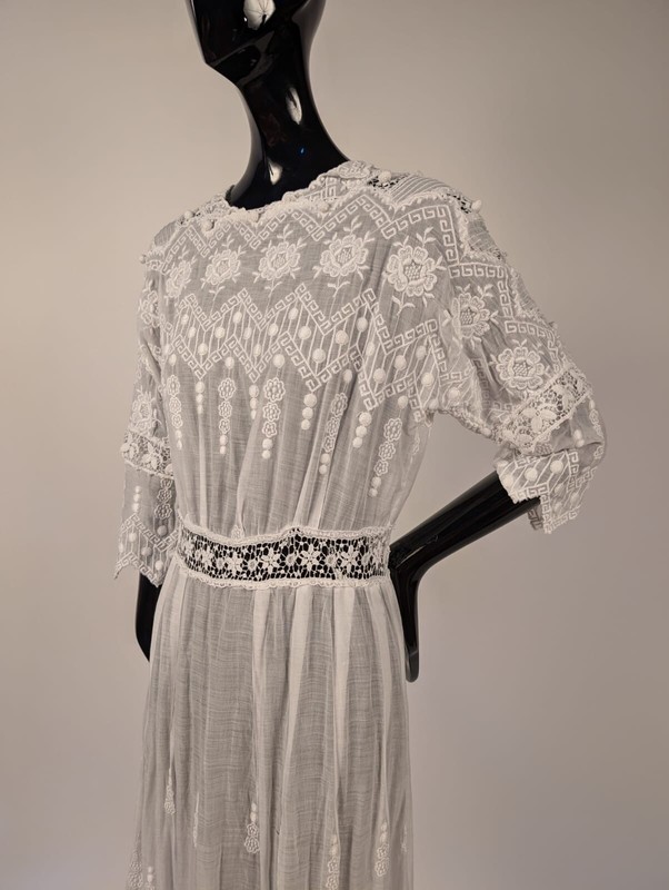 EDWARDIAN WHITE TEA DRESS W DENSE GEOMETRIC + FLORAL EMBROIDERY