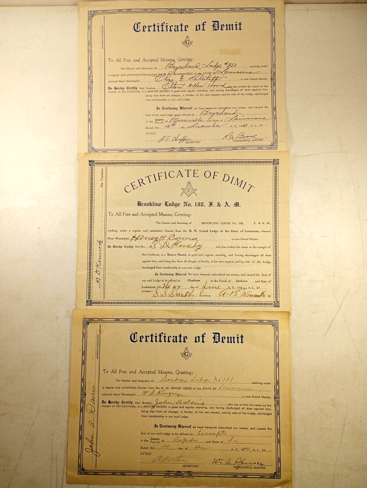 Vintage Masonic Grand Lodge Certificate of Demit Lot of #3 | eBay